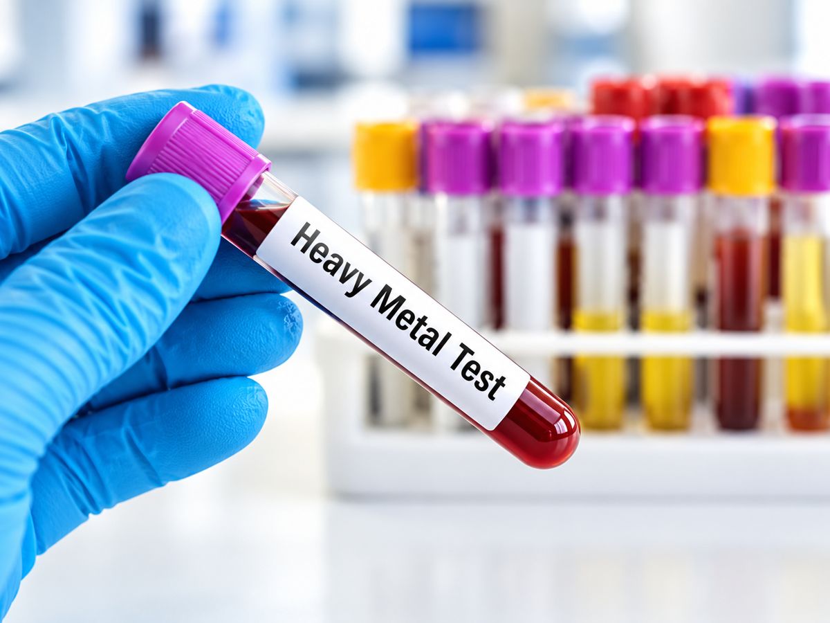 A gloved hand holding a heavy metal test tube