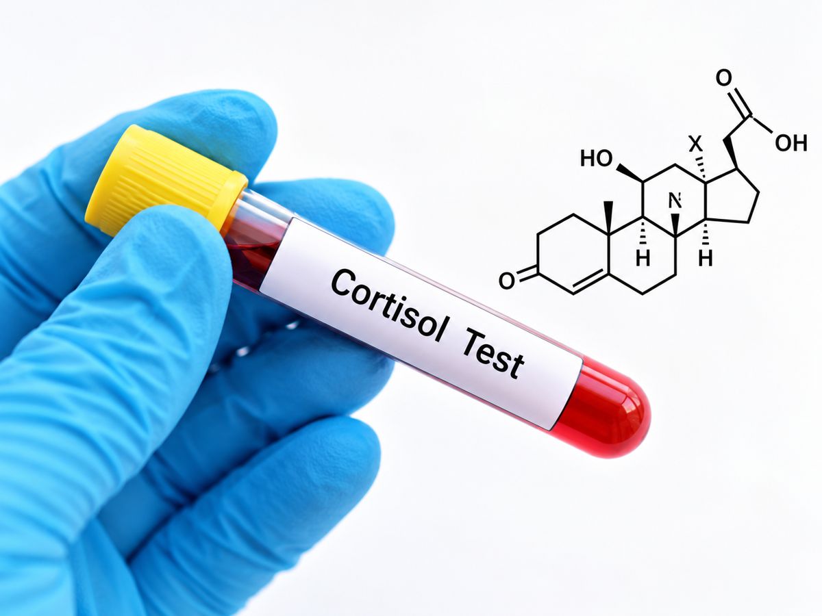 A hormone blood test with a steroid structure drawn beside it