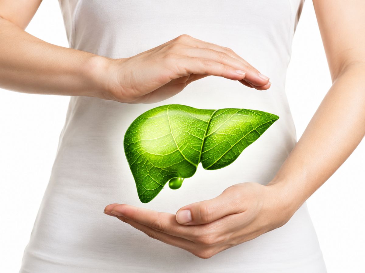 Hands protecting a green liver illustration