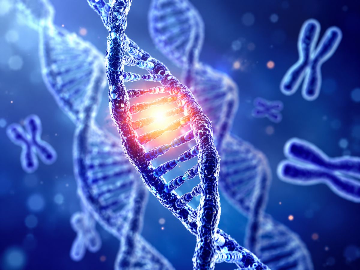 A glowing DNA helix against a blue background
