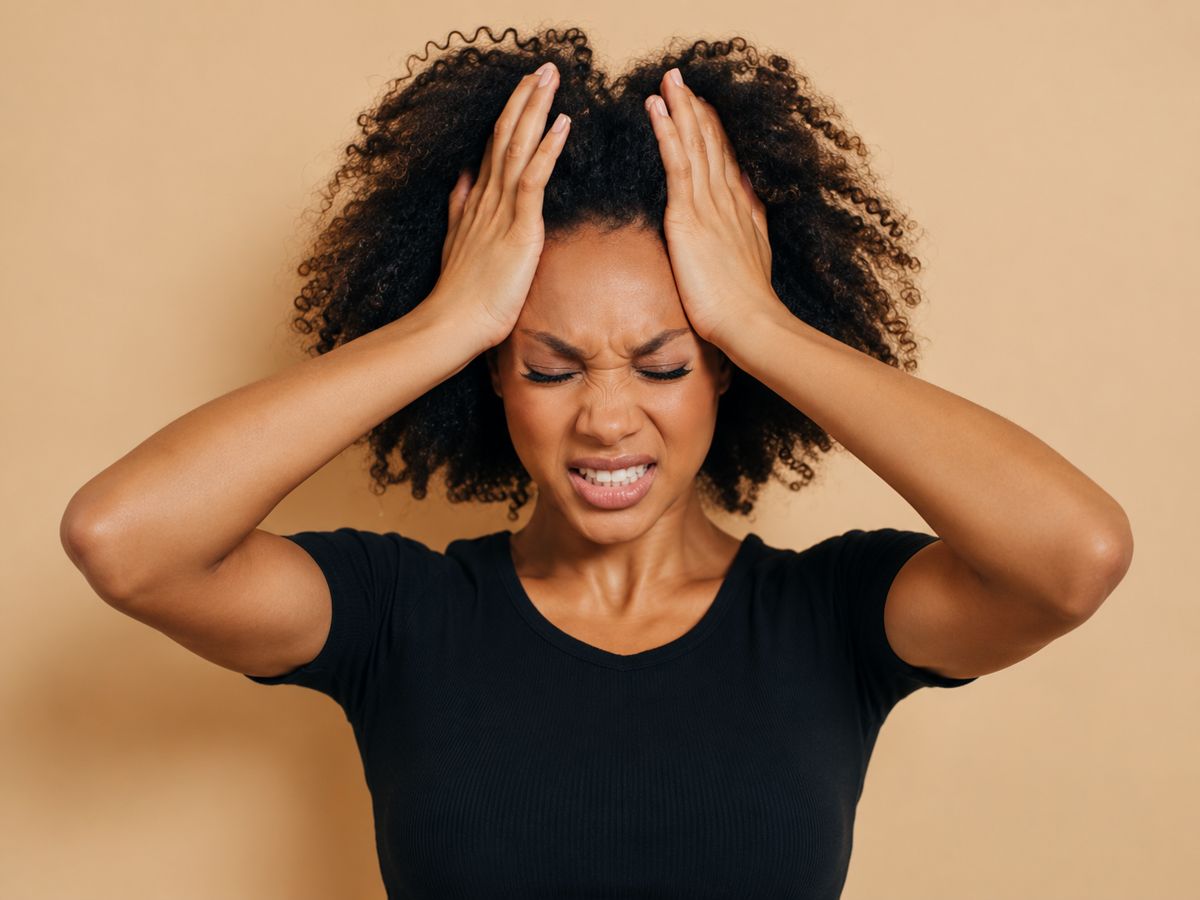 A woman holding her head in stress